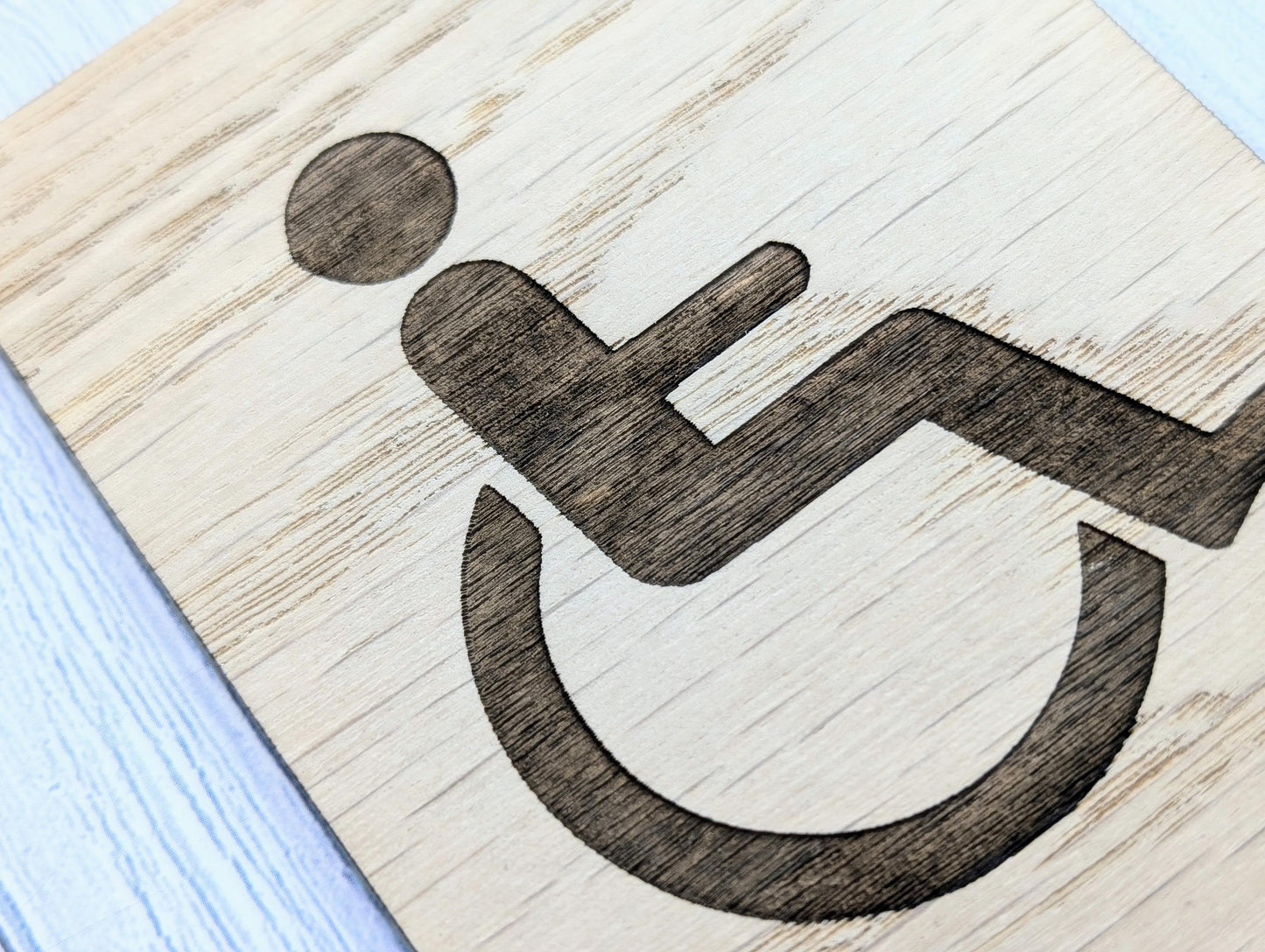 Wooden Accessible Toilet Sign Wheelchair Silhouette | Engraved Oak Restroom Door Plaque in 4 Sizes | Home or Business