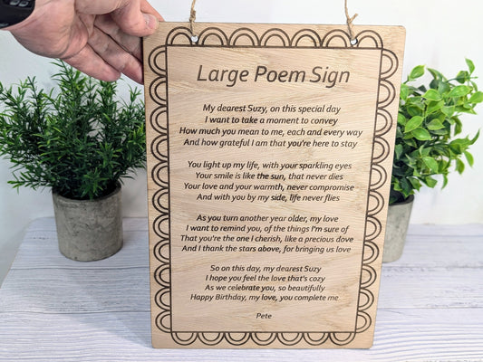 Wooden Poem Sign - Customised A4 Size - Personalised Engraving, Perfect for Longer Verses, Home Decor, Sustainable Timber, Eco-Friendly