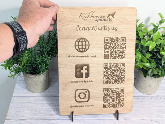 Handmade Wooden Social Media Sign | Custom QR Codes for Website, Instagram & Facebook | Sustainable Craft | Market Stall Signage