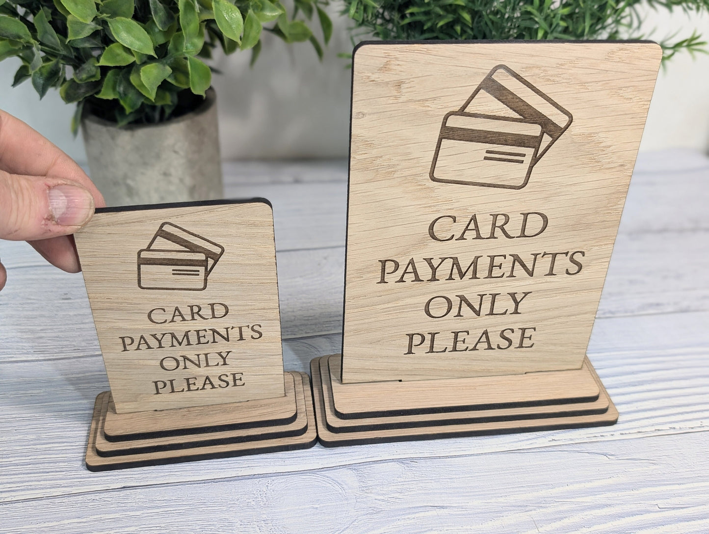 Card Payments Only Please - Wooden Freestanding Table Sign - Perfect for Shops, Cafés, Markets – Available in Two Sizes" Removable Base