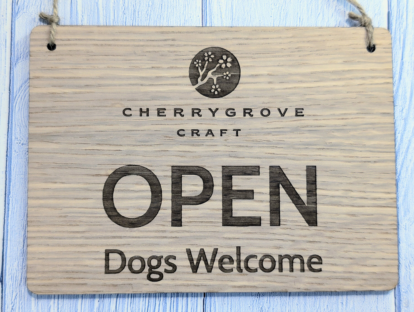 Personalised Wooden Open and Closed Dog Friendly Sign for Business - Eco-friendly 2 Sided Oak Veneered, Wood Signage, Shop Door Plaque