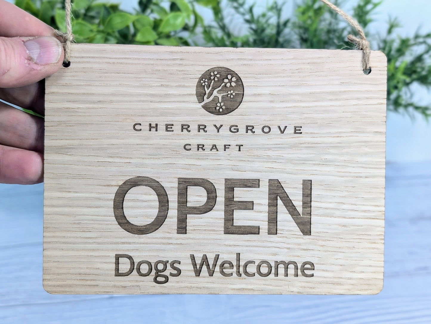 Personalised Wooden Open and Closed Dog Friendly Sign for Business - Eco-friendly 2 Sided Oak Veneered, Wood Signage, Shop Door Plaque