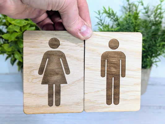 Wooden Toilet Sign Male & Female | Engraved Oak | Bathroom Door Plaque in 4 Sizes | PACK OF 2 - one Male and one Female | Bathroom Signage