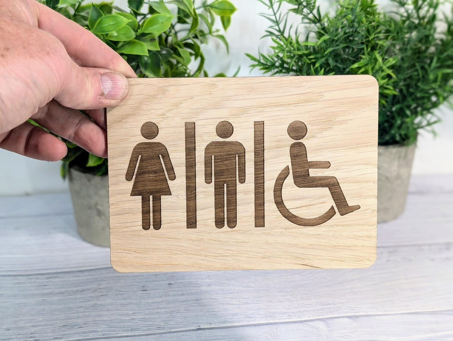 Wooden Toilet Sign Male Female Accessible | Engraved Oak | Bathroom Door Plaque in 4 Sizes | Oak Veneered Restroom Sign for Home or Business