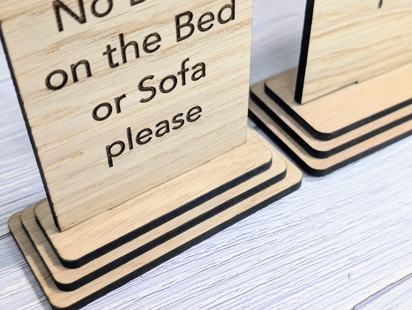 No Dogs on the Bed or Furniture Please | Personalised Wooden Sign | Two Sizes | Custom Pet Rules Freestanding Table Sign | Removable Base