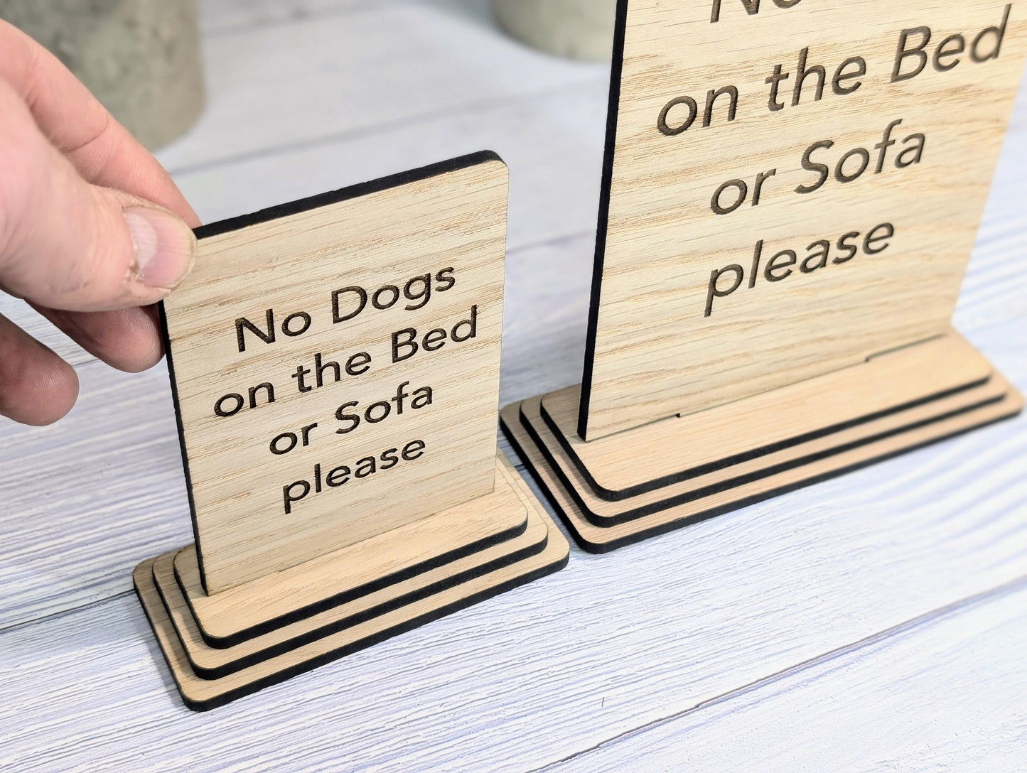 No Dogs on the Bed or Furniture Please | Personalised Wooden Sign | Two Sizes | Custom Pet Rules Freestanding Table Sign | Removable Base