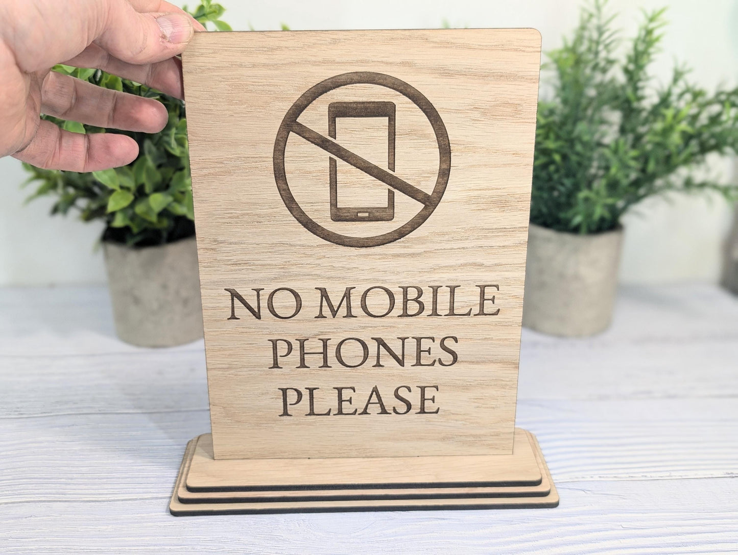 No Mobile Phones Please | XL Size | Stylish and Professional | Custom Wooden Business Table Sign | Eco-Friendly