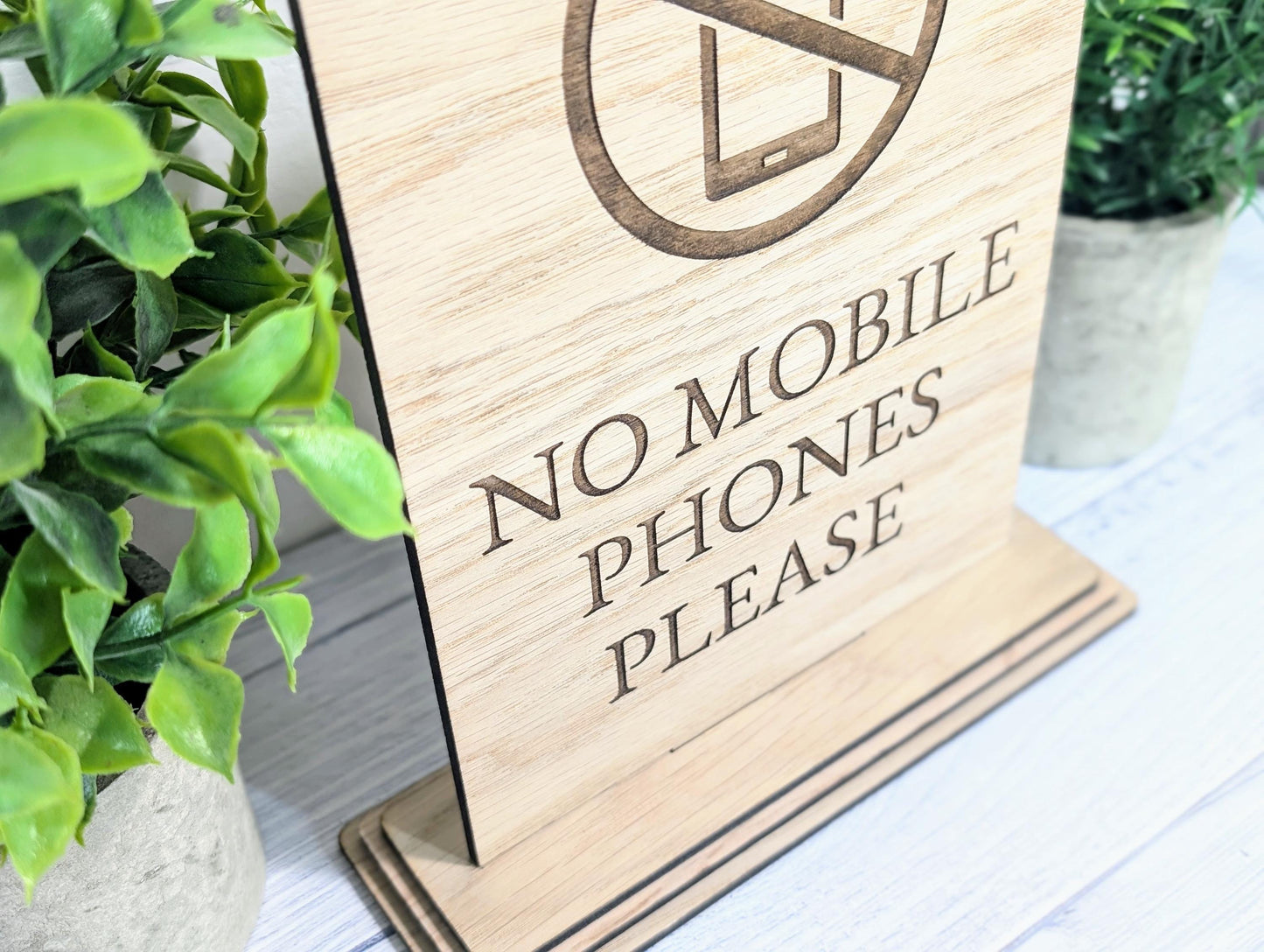 No Mobile Phones Please | XL Size | Stylish and Professional | Custom Wooden Business Table Sign | Eco-Friendly