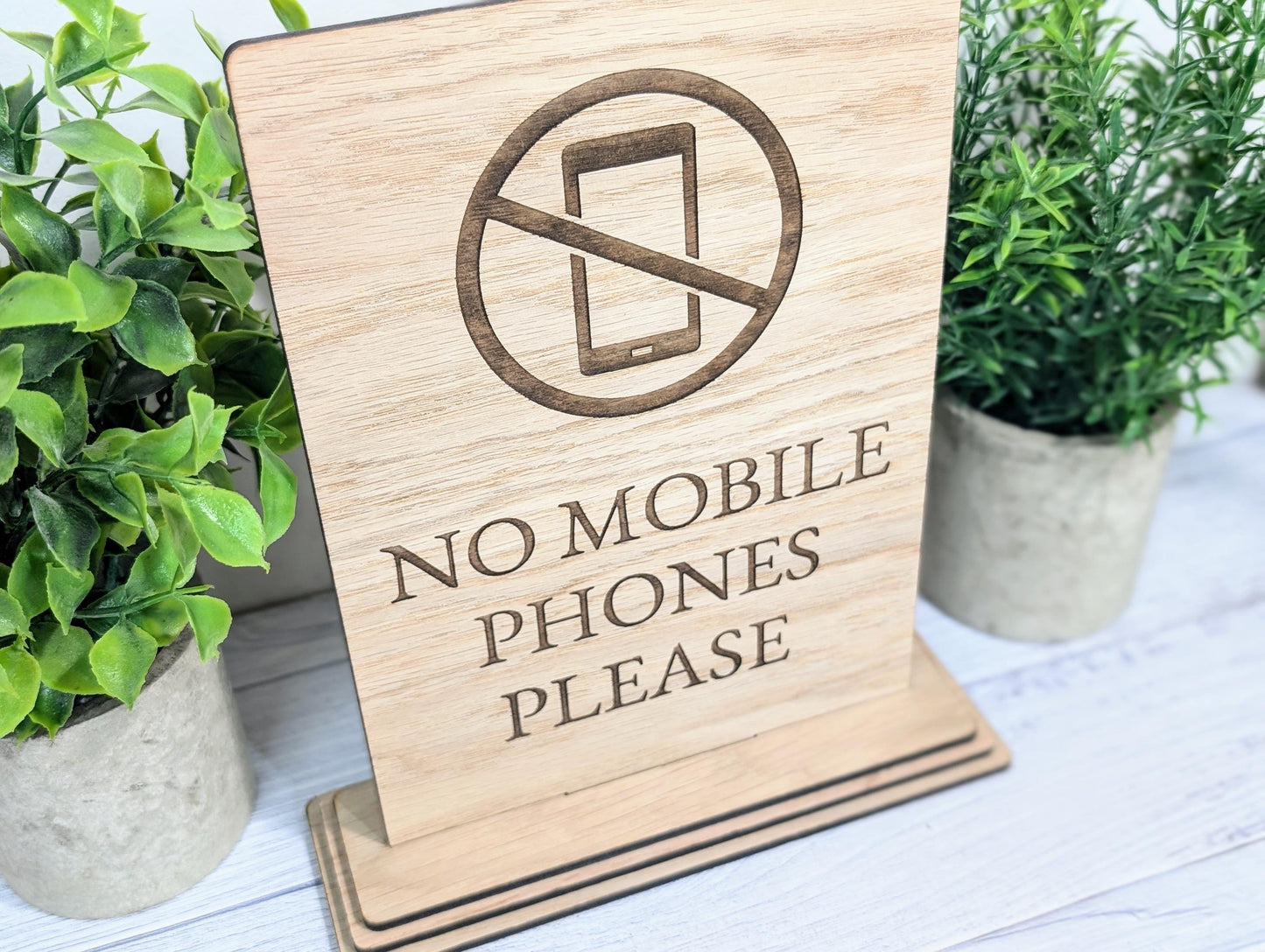 No Mobile Phones Please | XL Size | Stylish and Professional | Custom Wooden Business Table Sign | Eco-Friendly