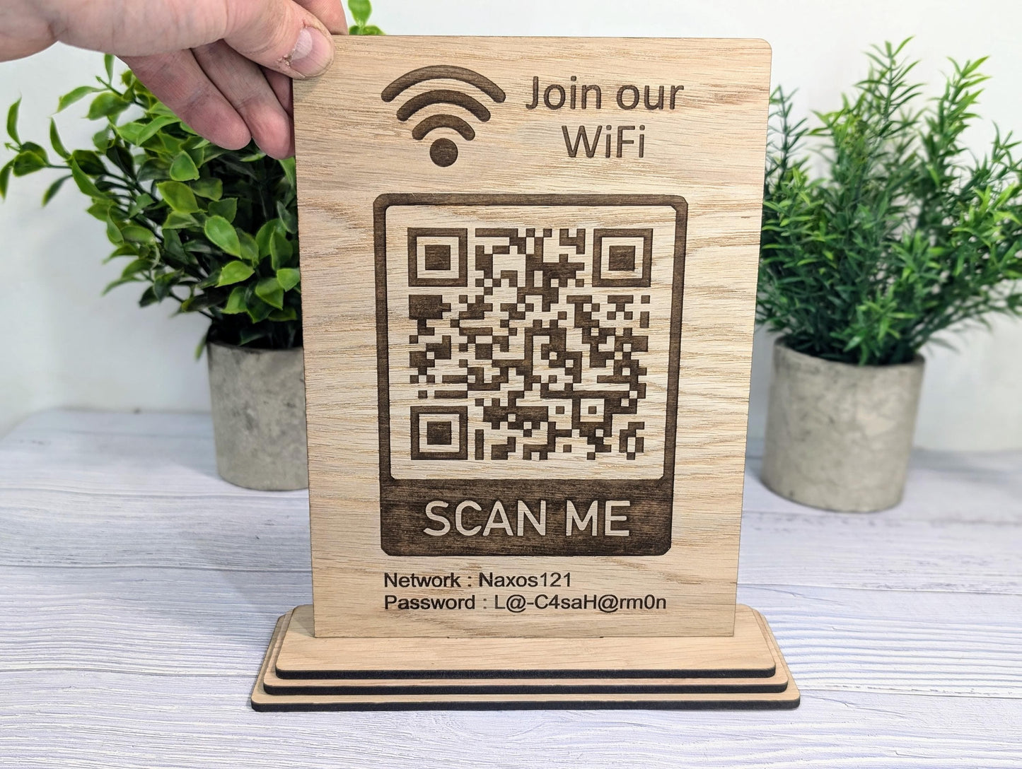 Wooden WiFi QR Code Sign, XL Size, Eco-Friendly Custom Network Name and Password Table Display, Single or Double-Sided, Businesses or Homes