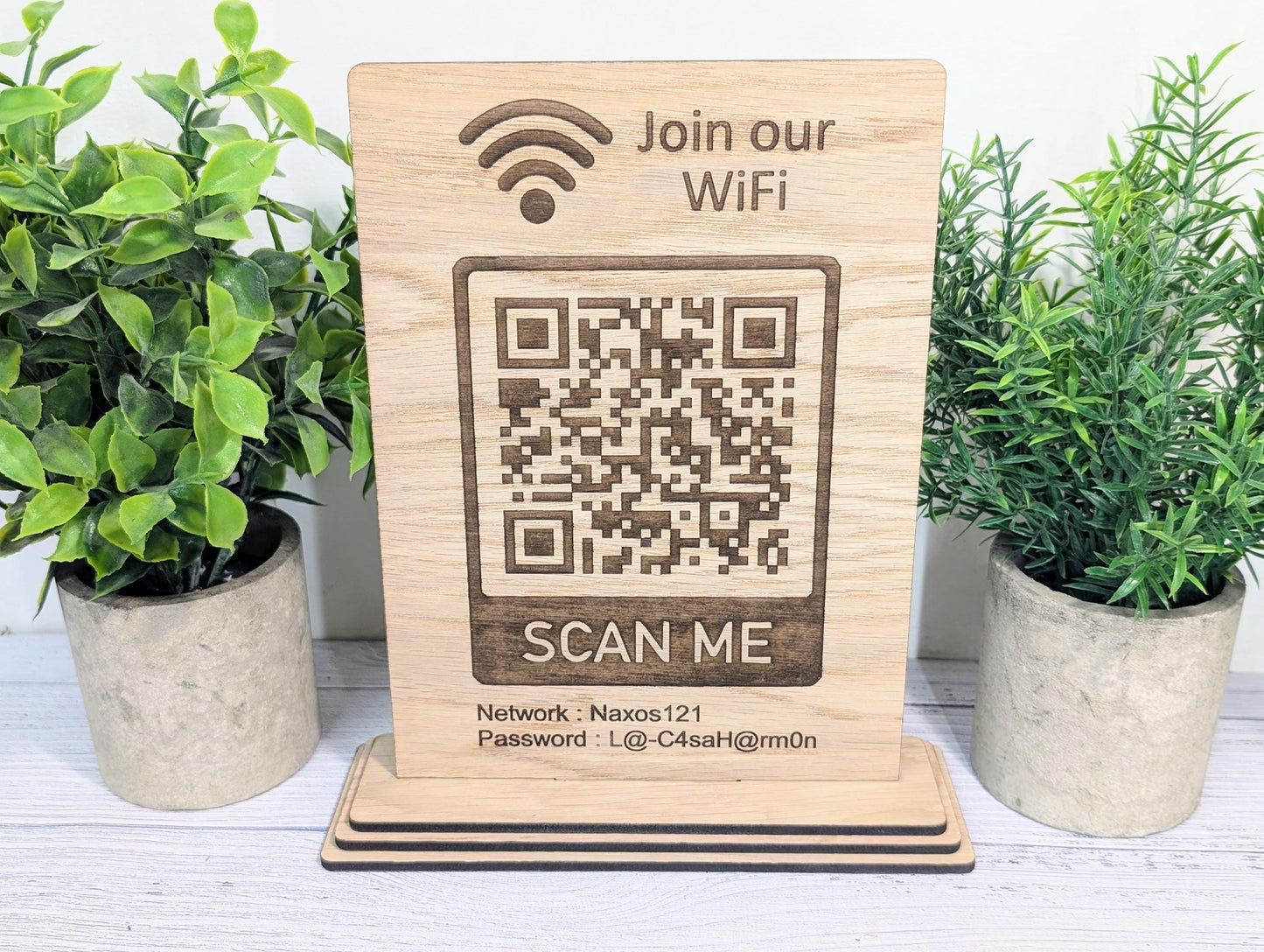 Wooden WiFi QR Code Sign, XL Size, Eco-Friendly Custom Network Name and Password Table Display, Single or Double-Sided, Businesses or Homes