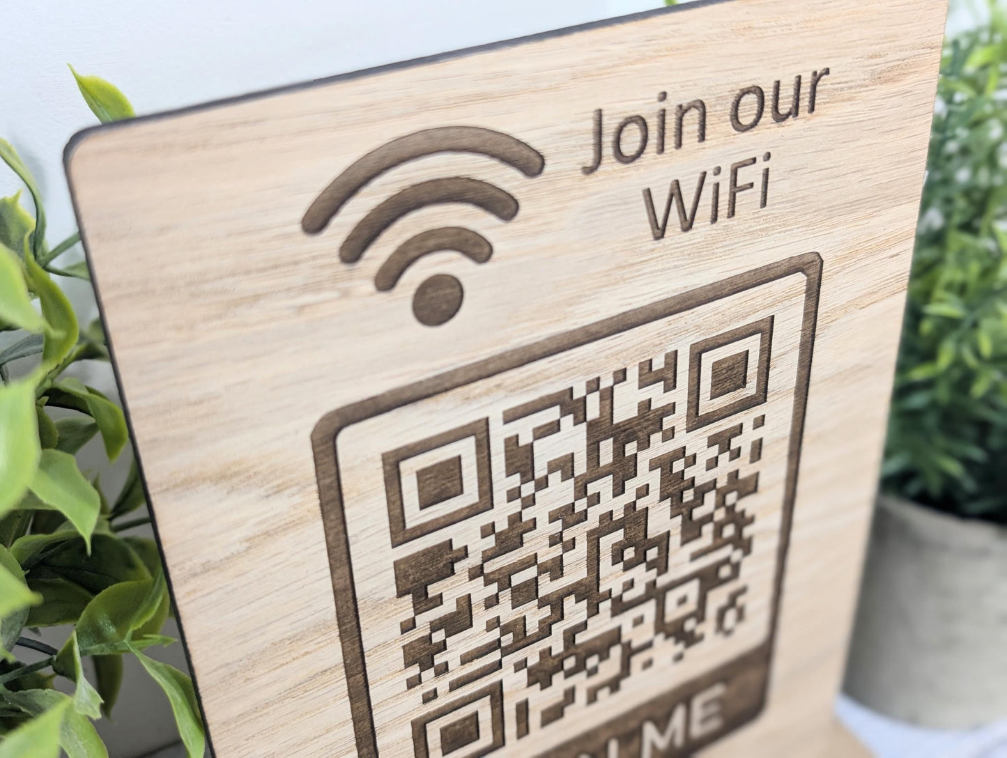 Wooden WiFi QR Code Sign, XL Size, Eco-Friendly Custom Network Name and Password Table Display, Single or Double-Sided, Businesses or Homes