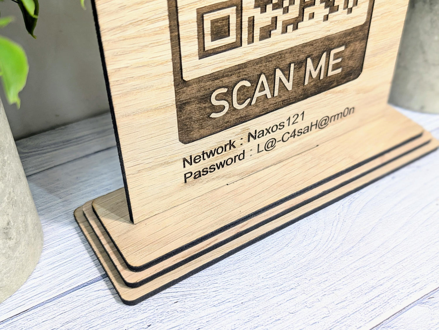 Wooden WiFi QR Code Sign, XL Size, Eco-Friendly Custom Network Name and Password Table Display, Single or Double-Sided, Businesses or Homes