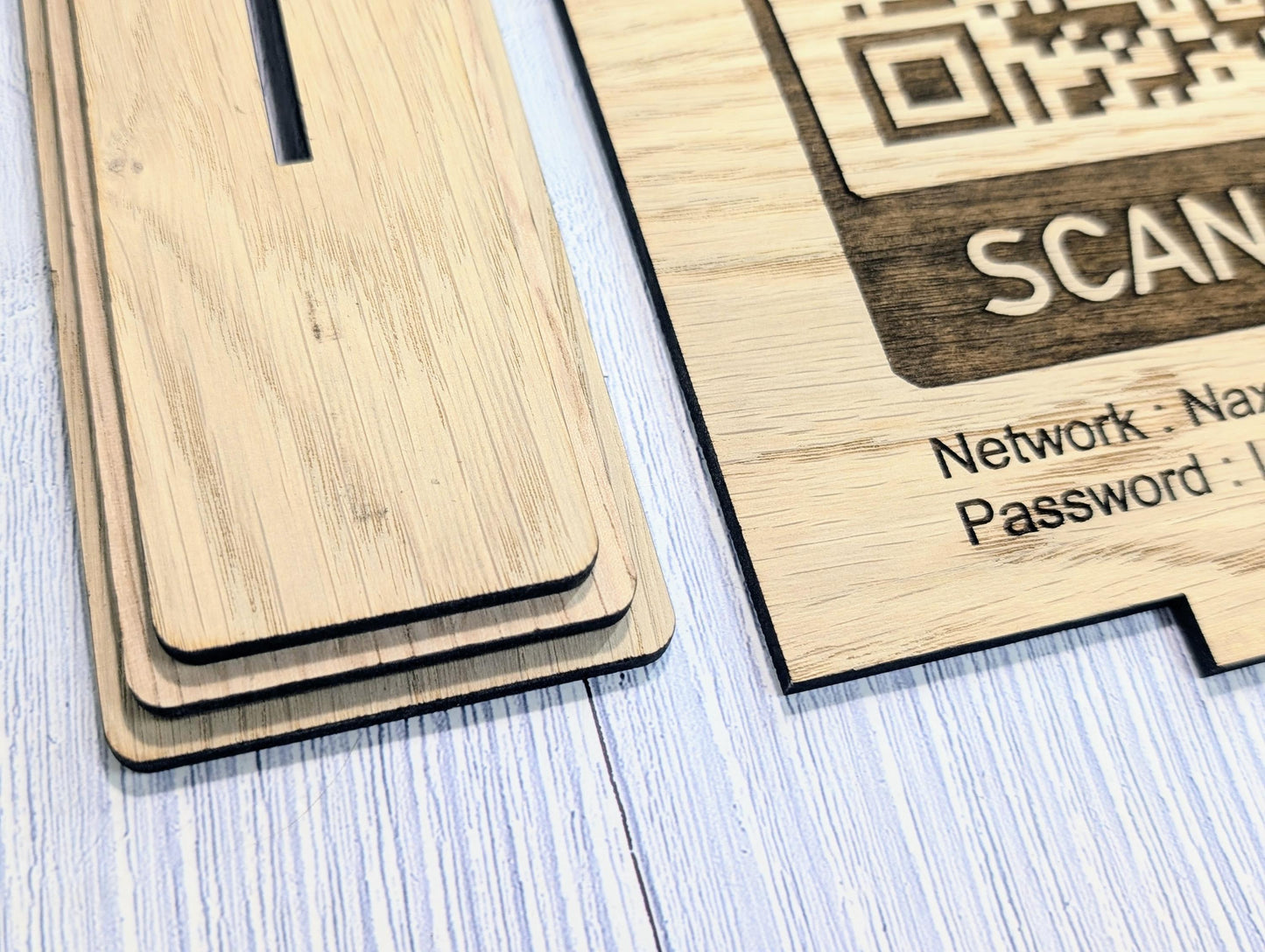 Wooden WiFi QR Code Sign, XL Size, Eco-Friendly Custom Network Name and Password Table Display, Single or Double-Sided, Businesses or Homes