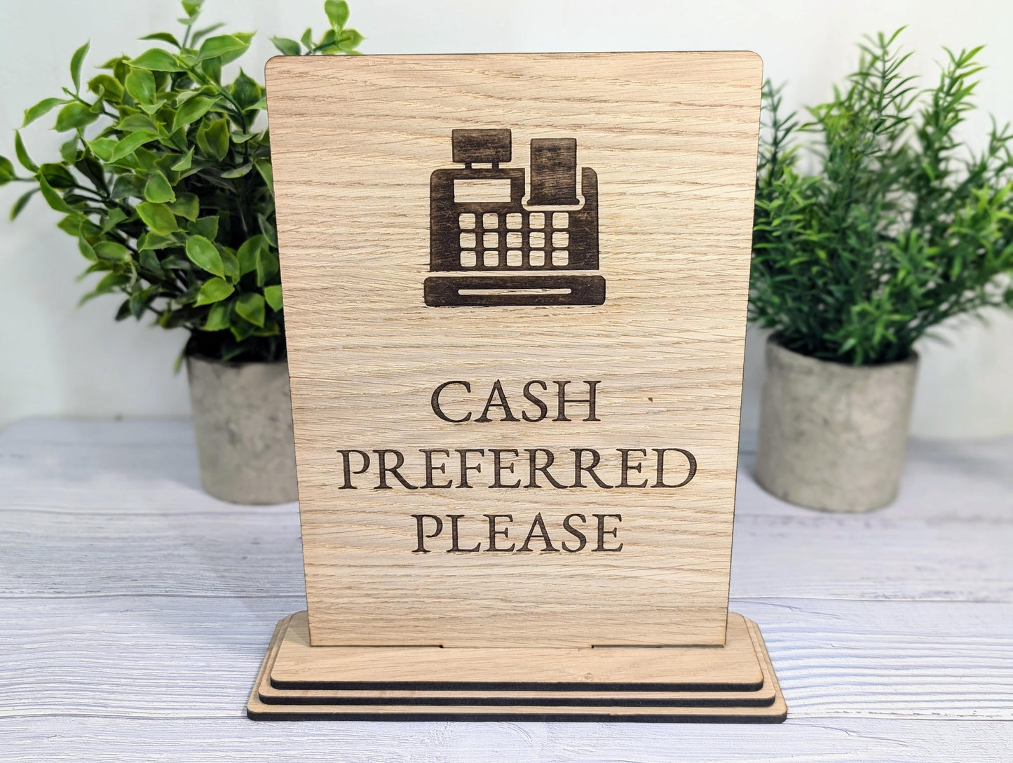 Wooden Freestanding Table Sign 'Cash Preferred' - Perfect for Shops, Cafés, Markets – XL Size - Removable Base, Shop Signage