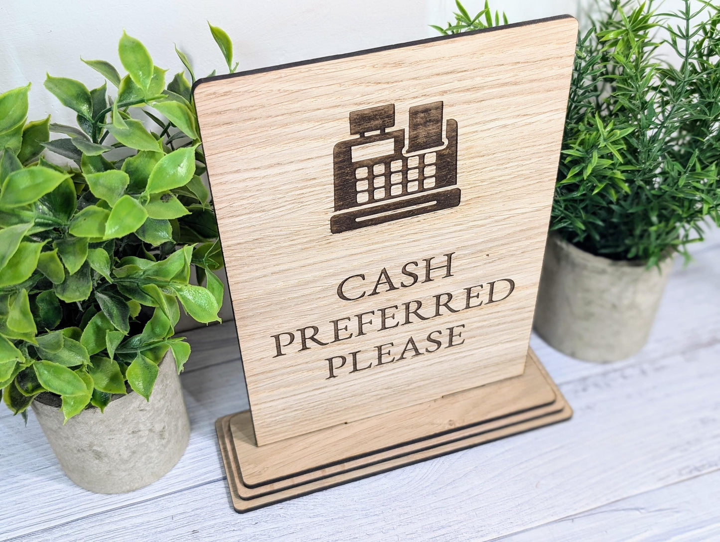 Wooden Freestanding Table Sign 'Cash Preferred' - Perfect for Shops, Cafés, Markets – XL Size - Removable Base, Shop Signage