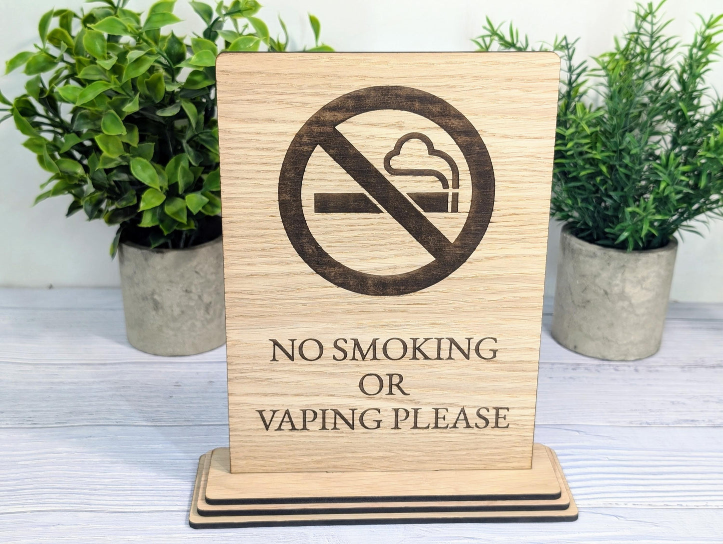 Freestanding "No Smoking or Vaping Please" Wooden Table Sign, Oak Finish, Ideal for Cafes, Restaurants & Public Spaces etc, XL Size, Signage