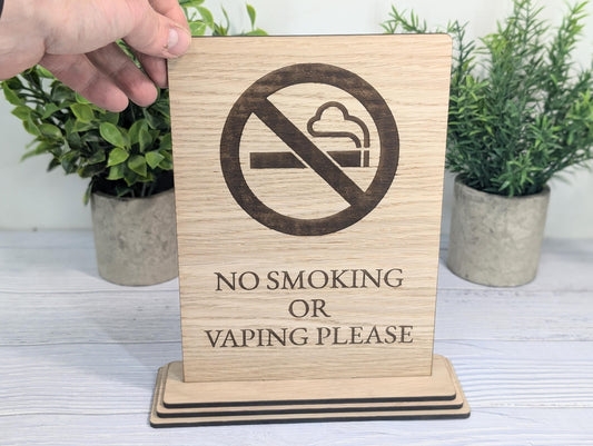 Freestanding "No Smoking or Vaping Please" Wooden Table Sign, Oak Finish, Ideal for Cafes, Restaurants & Public Spaces etc, XL Size, Signage