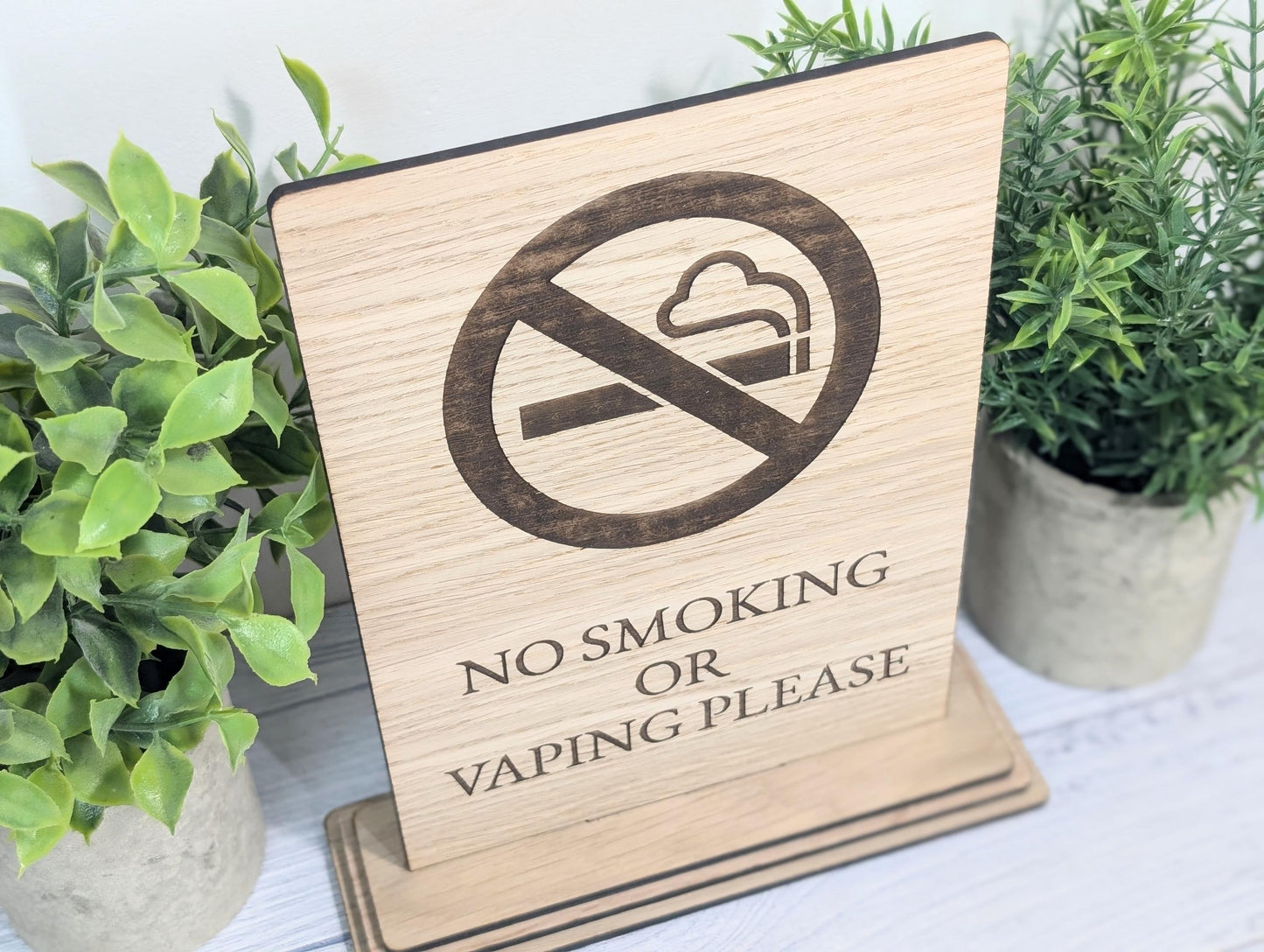 Freestanding "No Smoking or Vaping Please" Wooden Table Sign, Oak Finish, Ideal for Cafes, Restaurants & Public Spaces etc, XL Size, Signage