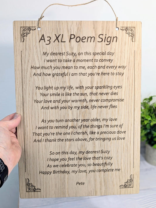 Custom A3 Wooden Poem Sign XL - Personalised Engraving, Perfect for Longer Verses, Home or Office Decor, Sustainable Timber, Eco-Friendly