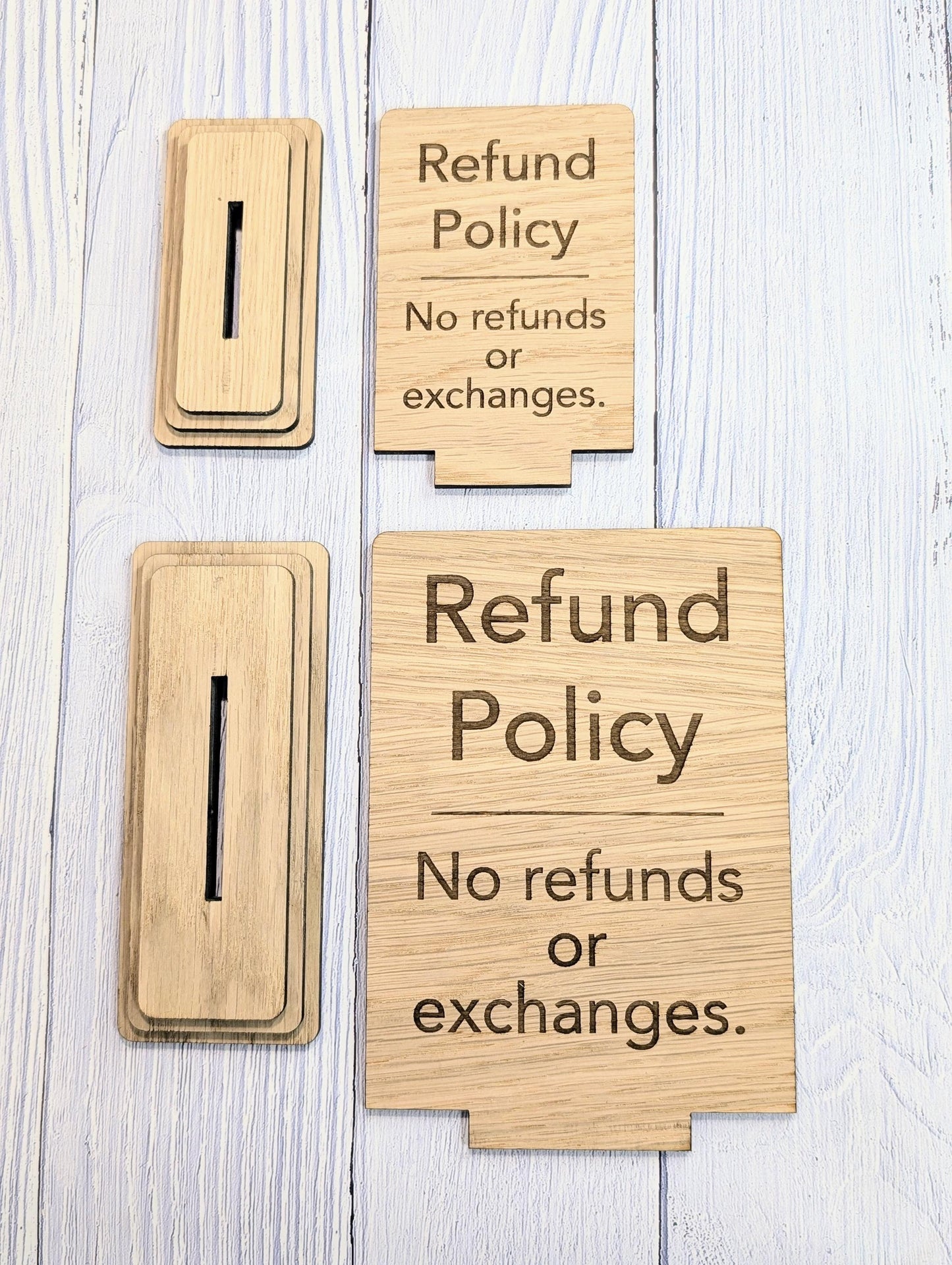 Wooden Freestanding Table Sign 'Refund Policy' - Perfect for Shops, Cafés, Markets – Available in Two Sizes - Removable Base, Shop Signage