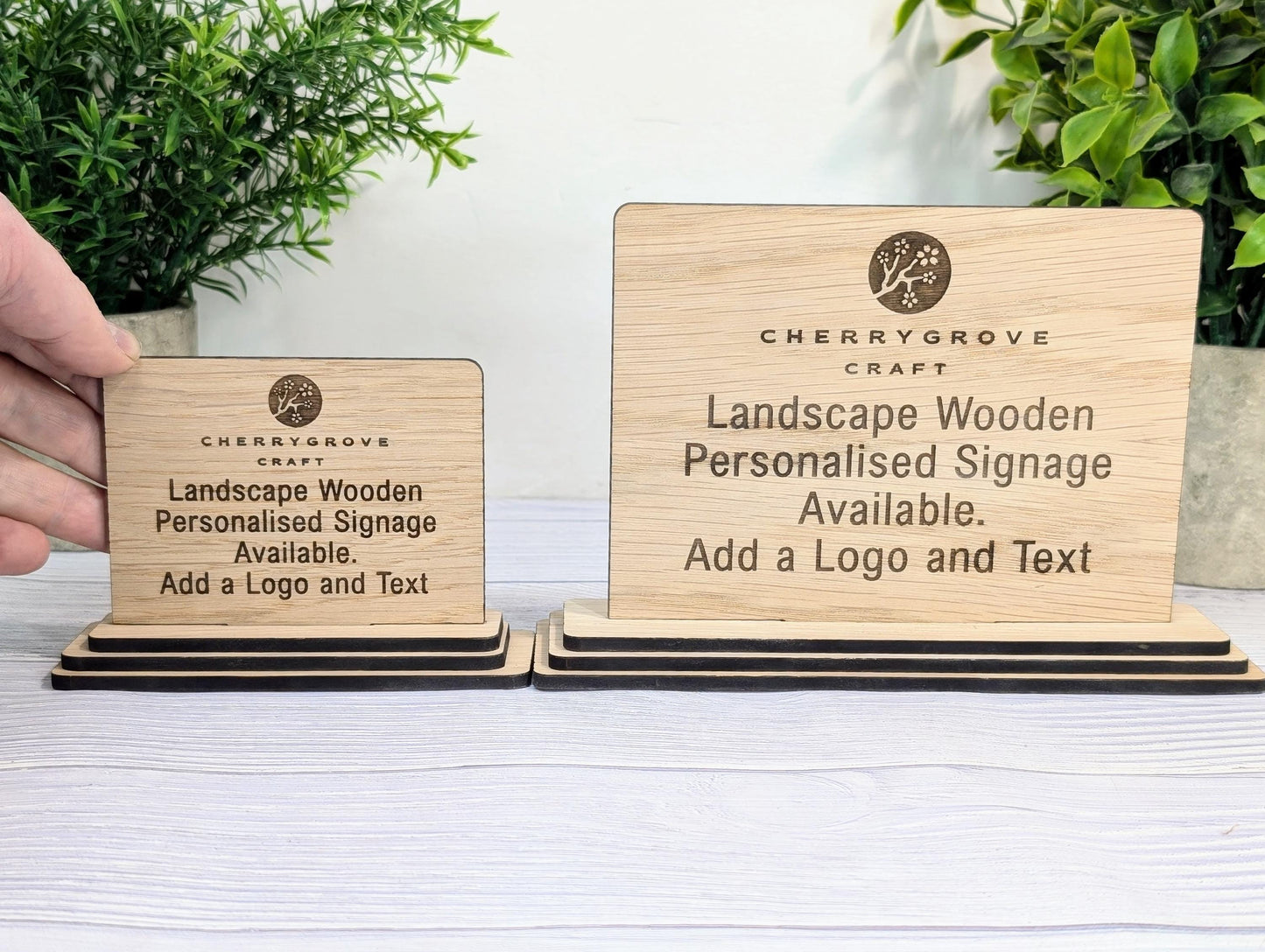 Personalised Wooden Table Signs - Custom Text, Logo, Freestanding, Removable Base, Two Sizes, Conference, Wedding, Retail, AirBnB Signage