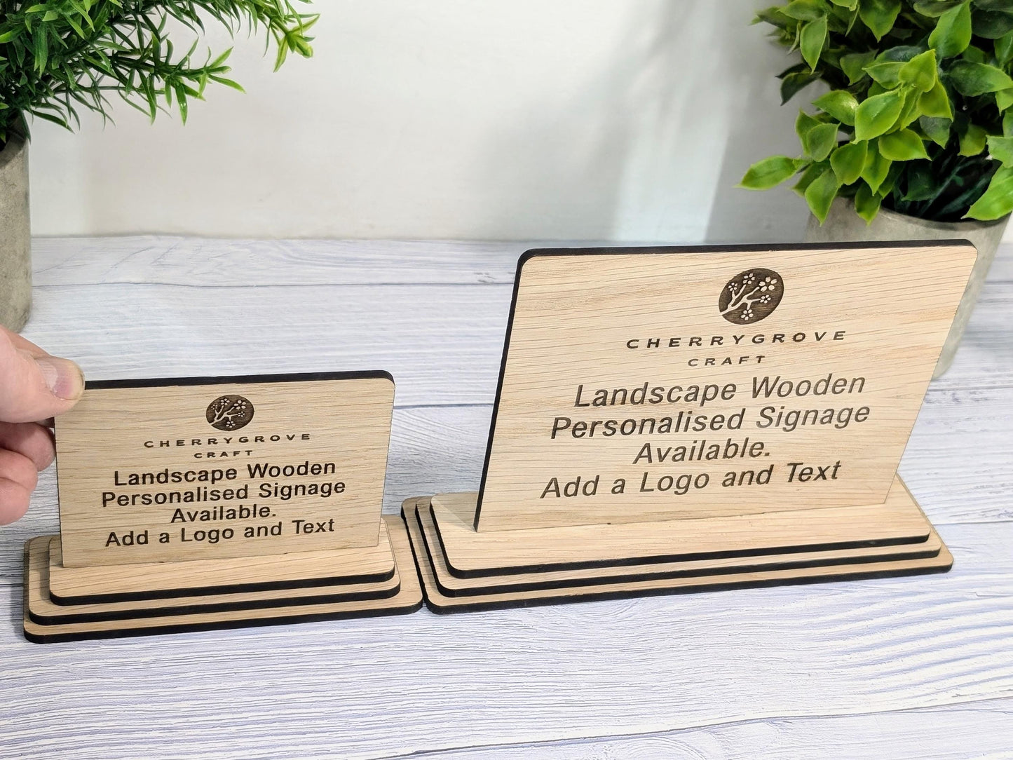 Personalised Wooden Table Signs - Custom Text, Logo, Freestanding, Removable Base, Two Sizes, Conference, Wedding, Retail, AirBnB Signage