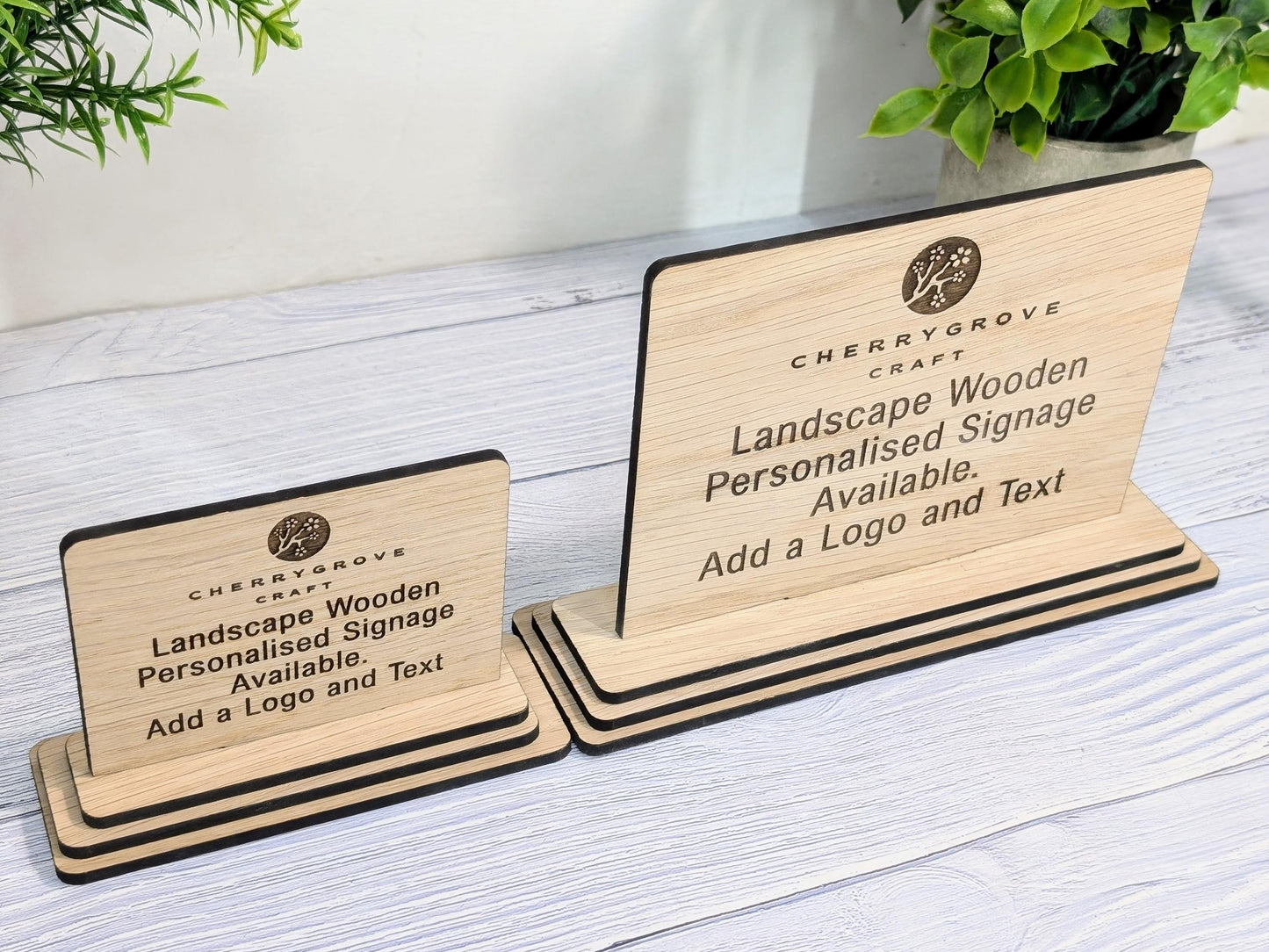 Personalised Wooden Table Signs - Custom Text, Logo, Freestanding, Removable Base, Two Sizes, Conference, Wedding, Retail, AirBnB Signage