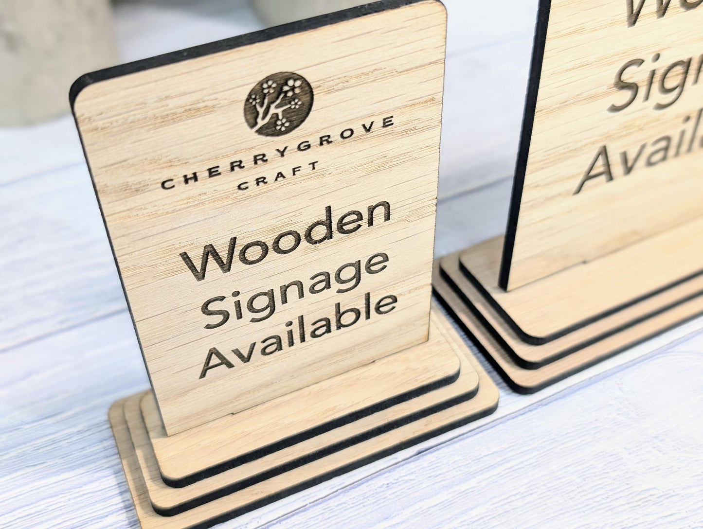 Personalised Wooden Freestanding Table Signs - Custom Text & Logo, Two Sizes