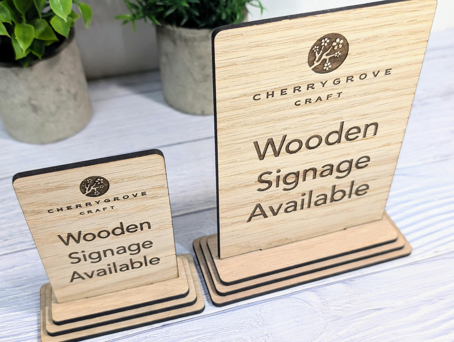 Personalised Wooden Freestanding Table Signs - Custom Text & Logo, Two Sizes