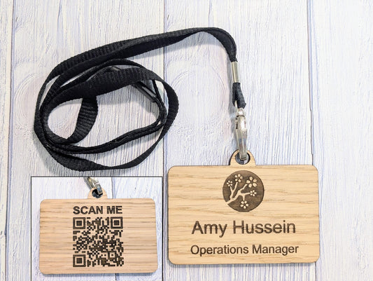 Double Sided QR Code Name Badges with Lanyards, Personalised Oak Veneer Staff Name Badges on Eco Lanyards - Custom Badges, Staff Tags, Logo