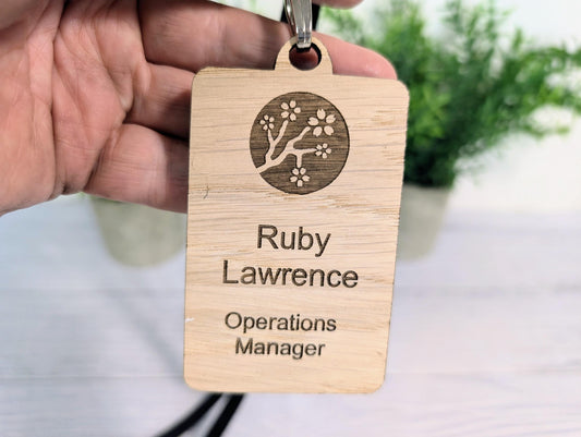 QR Code Name Badges, Double Sided, Eco Lanyards, Personalised Oak Veneer Staff Name Badges on Eco Lanyards - Custom Badges, Staff Tags, Logo