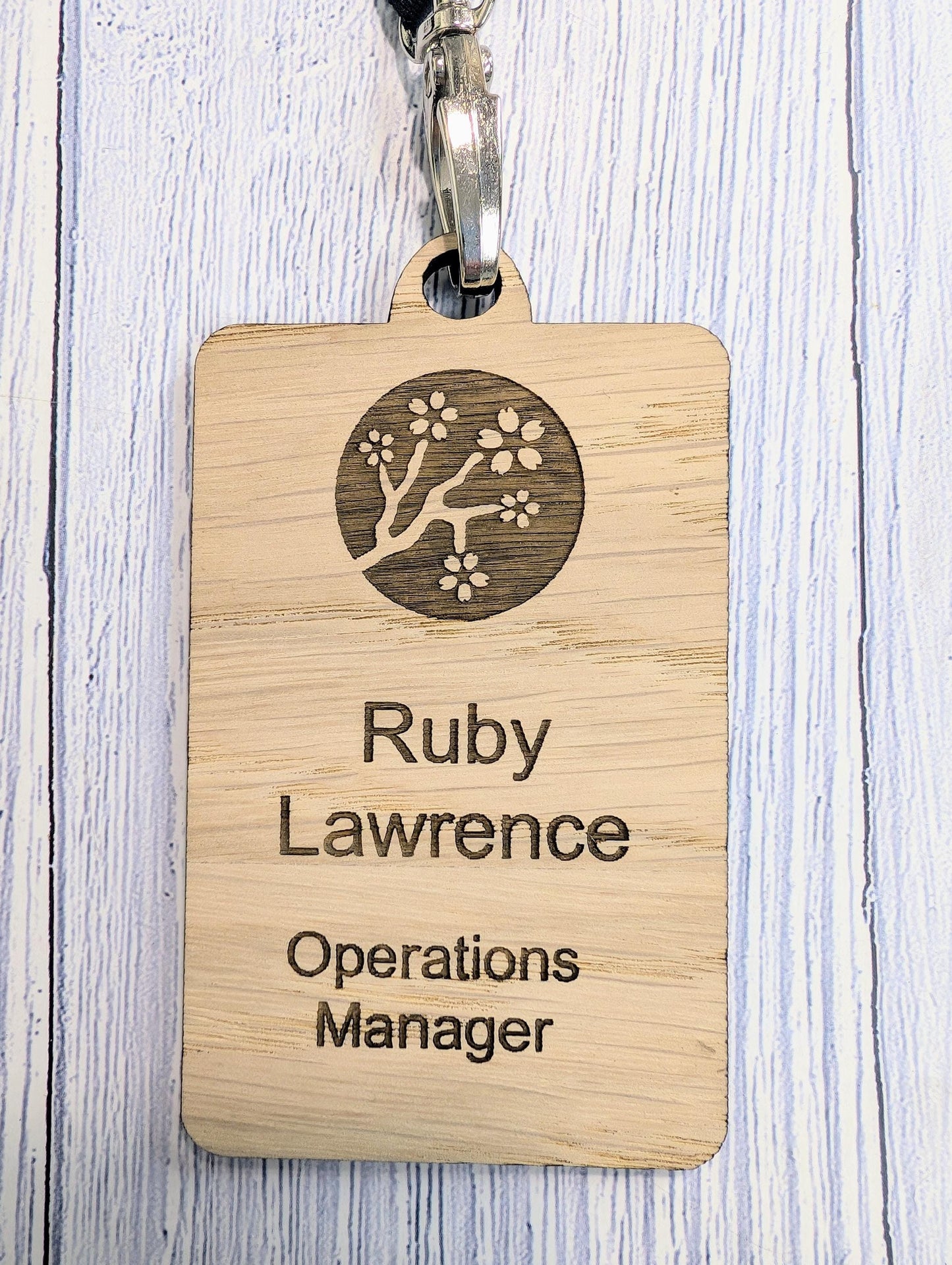 QR Code Name Badges, Double Sided, Eco Lanyards, Personalised Oak Veneer Staff Name Badges on Eco Lanyards - Custom Badges, Staff Tags, Logo