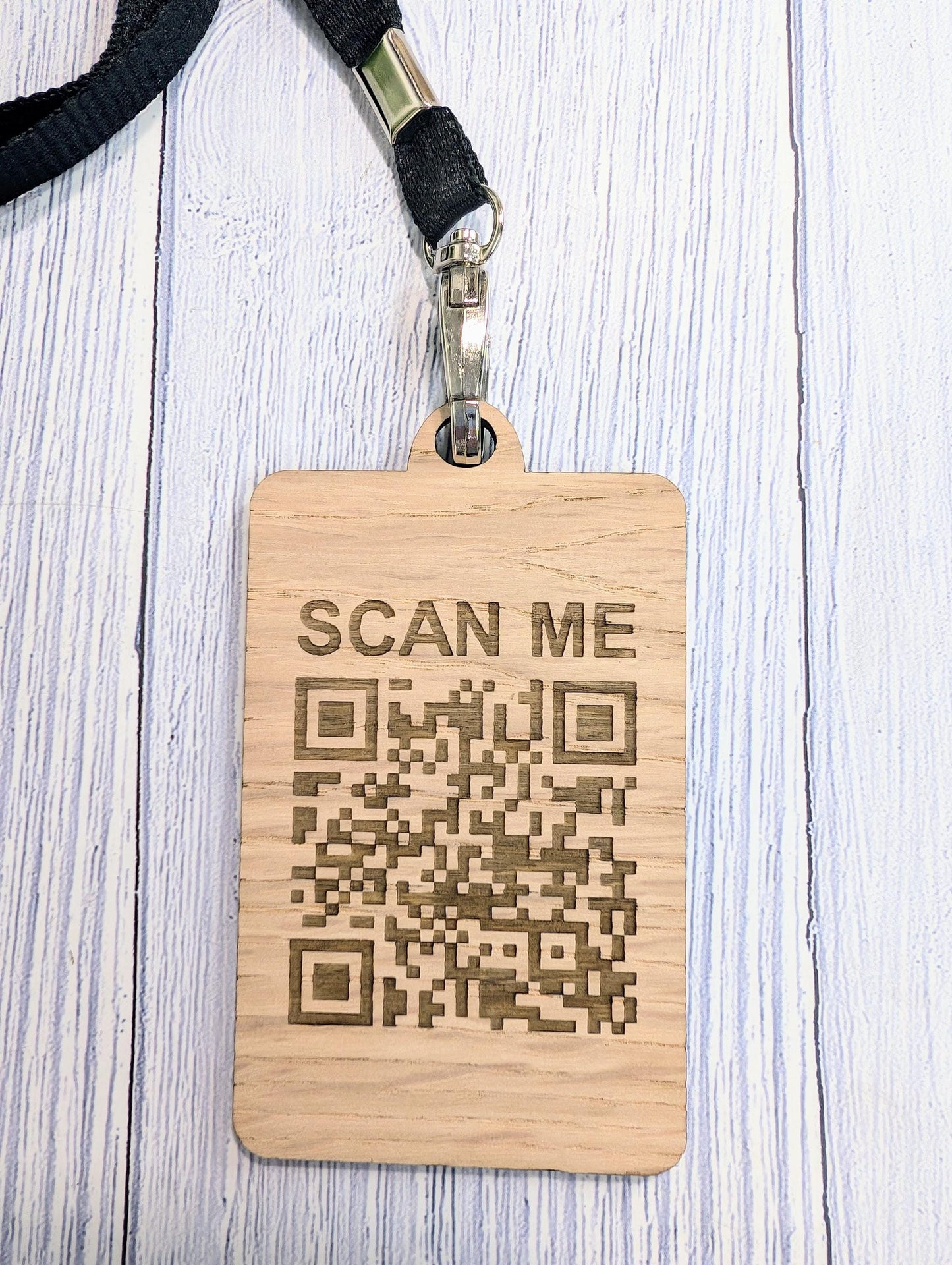 QR Code Name Badges, Double Sided, Eco Lanyards, Personalised Oak Veneer Staff Name Badges on Eco Lanyards - Custom Badges, Staff Tags, Logo