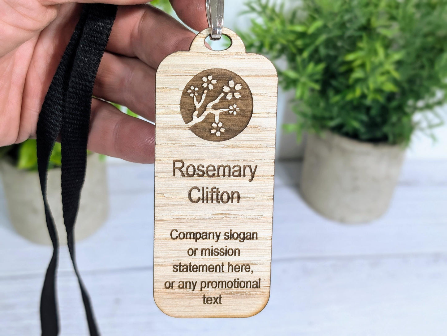 Wooden Slim Name Badges with Lanyards, Personalised Oak Eco Friendly Staff Tags, Holder, Lanyards - Add Your Logo & Slogan, Bulk Discounts