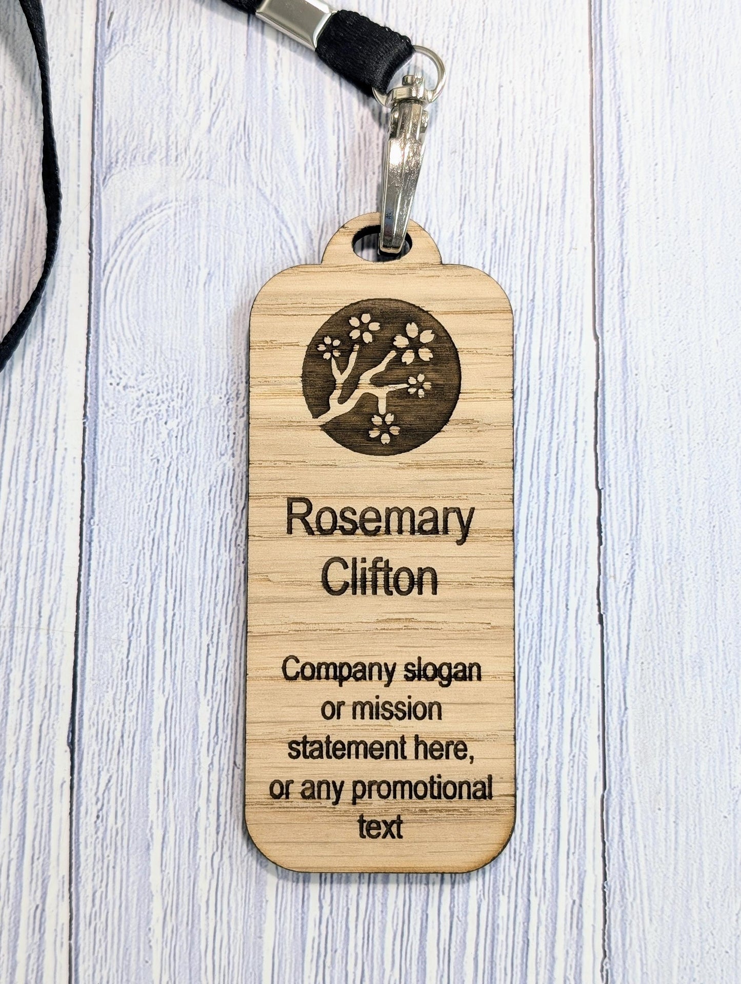 Wooden Slim Name Badges with Lanyards, Personalised Oak Eco Friendly Staff Tags, Holder, Lanyards - Add Your Logo & Slogan, Bulk Discounts