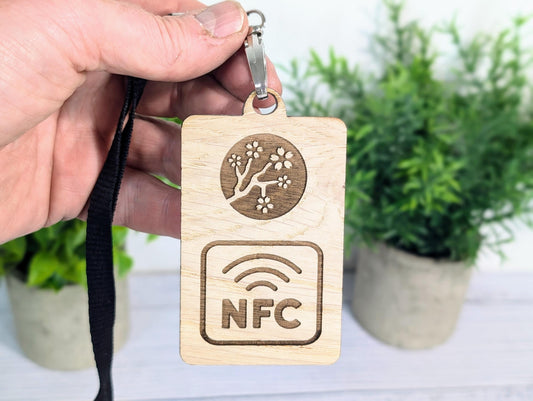 Interactive NFC Logo Wooden Badges with Eco Lanyards - Personalised NFC Link, Custom Branded Event Staff Badges, Exhibition Promotional