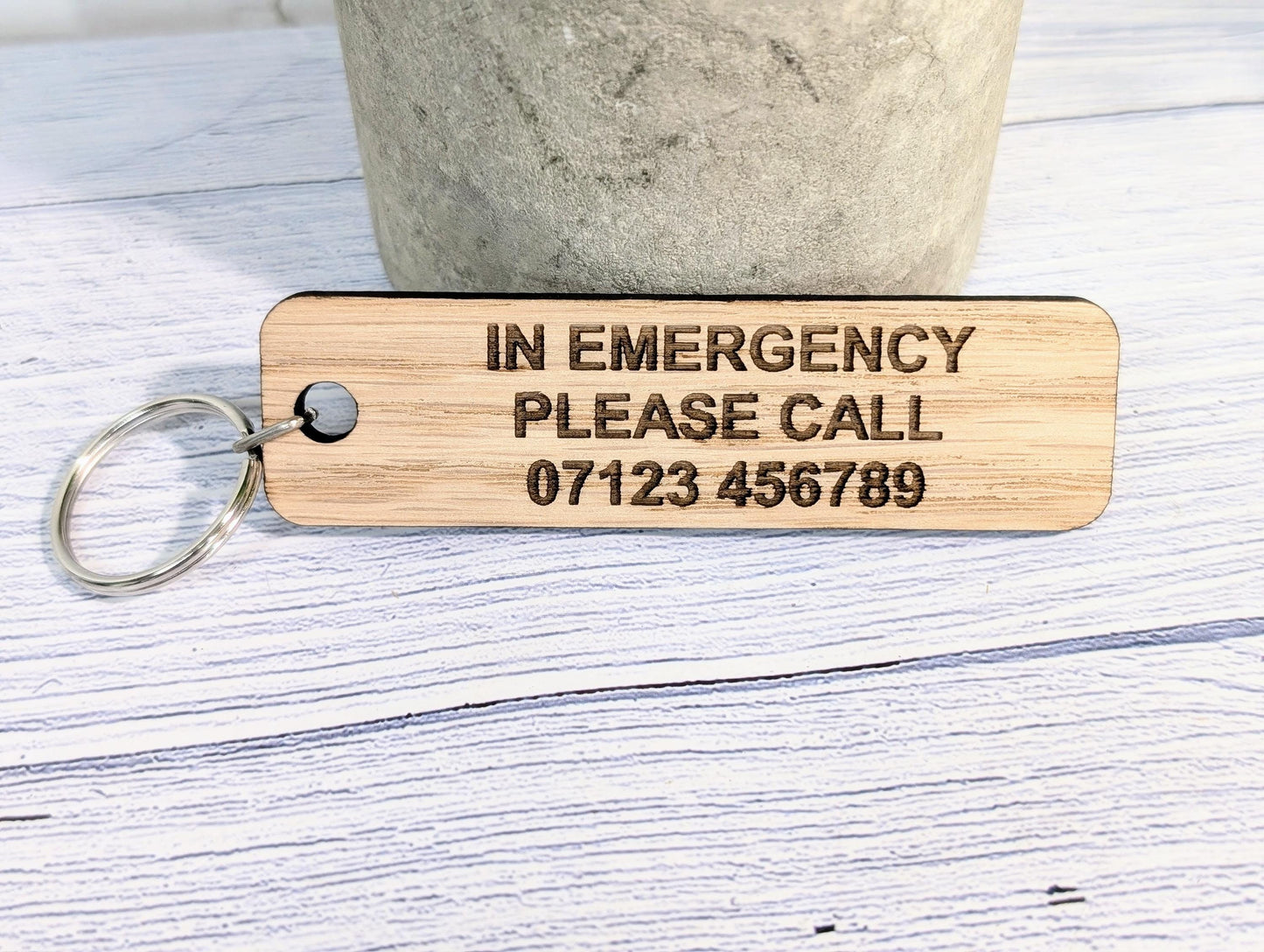 ICE Keyring - In Case of Emergency - Oak 90x25mm | Personalised with Your Phone Number | Eco-Friendly | Customisable Wooden Keyfob