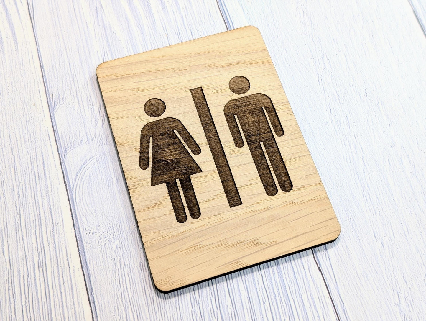 Wooden Toilet Sign Male Female | Engraved Oak | Bathroom Door Plaque in 4 Sizes | Oak Veneered MDF Restroom Sign for Home or Business