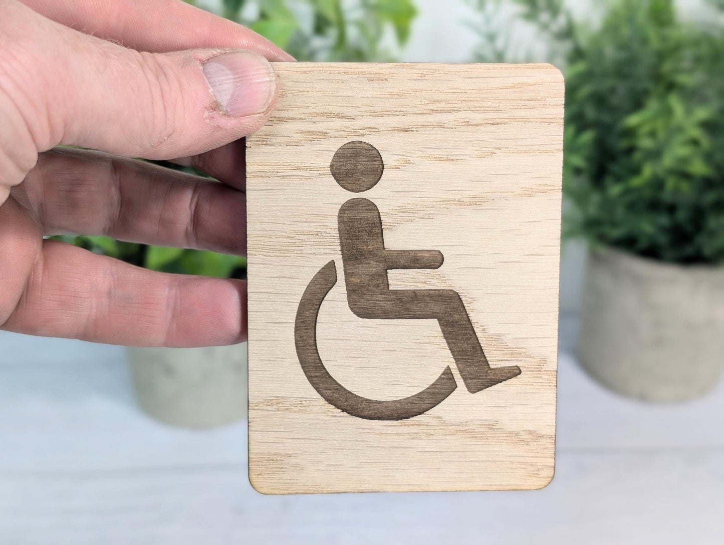 Wooden Accessible Toilet Sign Wheelchair Silhouette | Engraved Oak Restroom Door Plaque in 4 Sizes | Home or Business