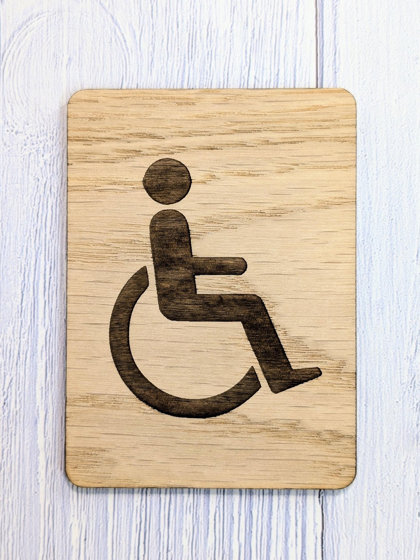 Wooden Accessible Toilet Sign Wheelchair Silhouette | Engraved Oak Restroom Door Plaque in 4 Sizes | Home or Business