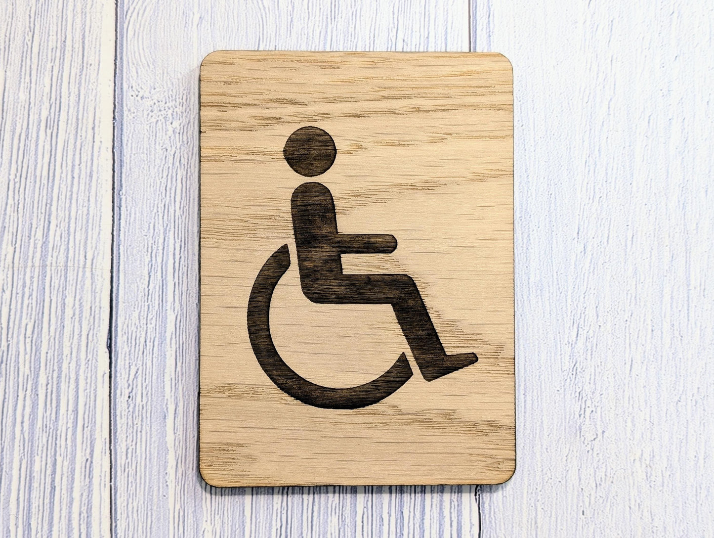 Wooden Accessible Toilet Sign Wheelchair Silhouette | Engraved Oak Restroom Door Plaque in 4 Sizes | Home or Business