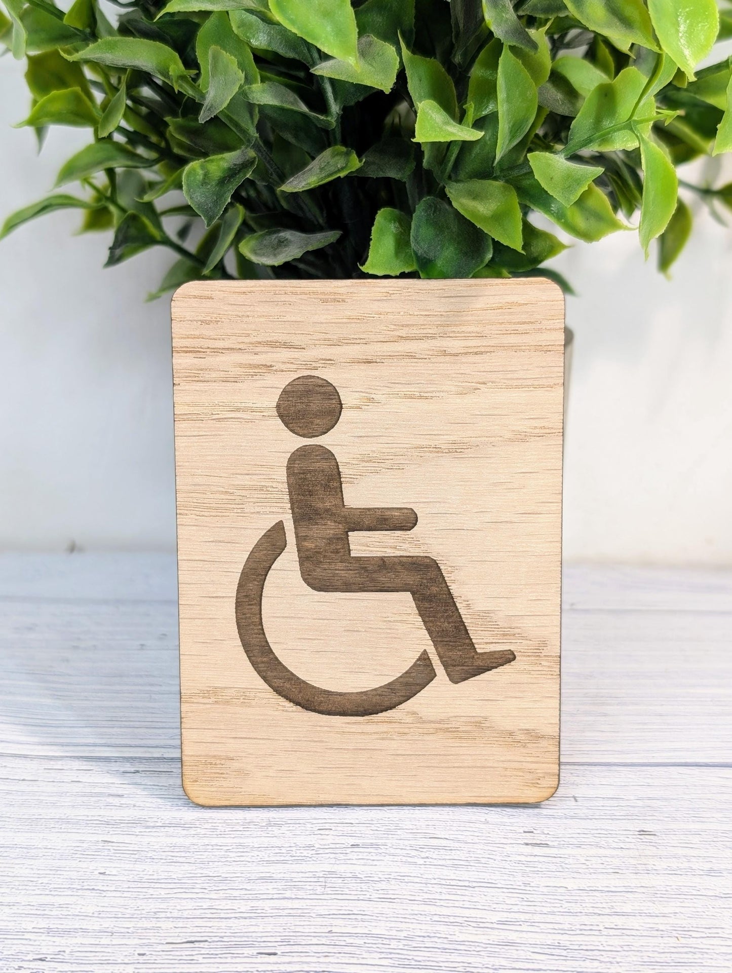 Wooden Accessible Toilet Sign Wheelchair Silhouette | Engraved Oak Restroom Door Plaque in 4 Sizes | Home or Business