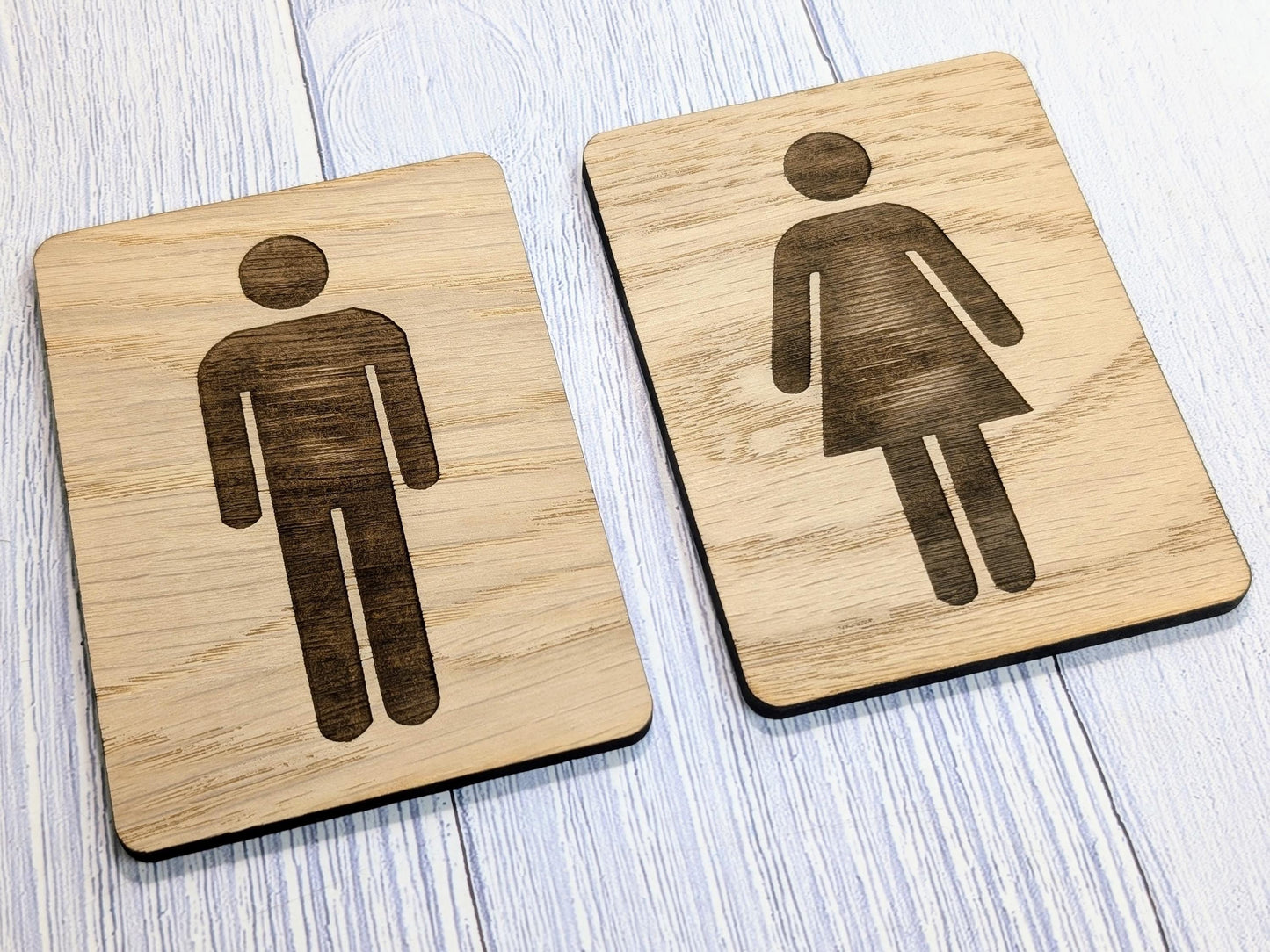 Wooden Toilet Sign Male & Female | Engraved Oak | Bathroom Door Plaque in 4 Sizes | PACK OF 2 - one Male and one Female | Bathroom Signage