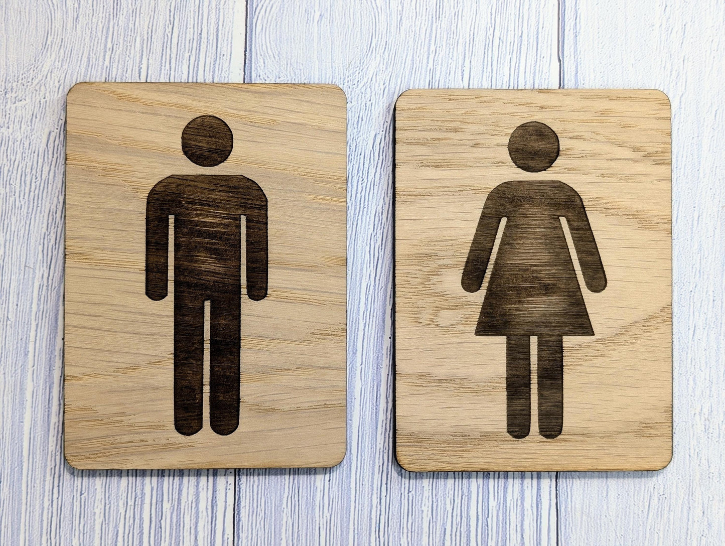 Wooden Toilet Sign Male & Female | Engraved Oak | Bathroom Door Plaque in 4 Sizes | PACK OF 2 - one Male and one Female | Bathroom Signage