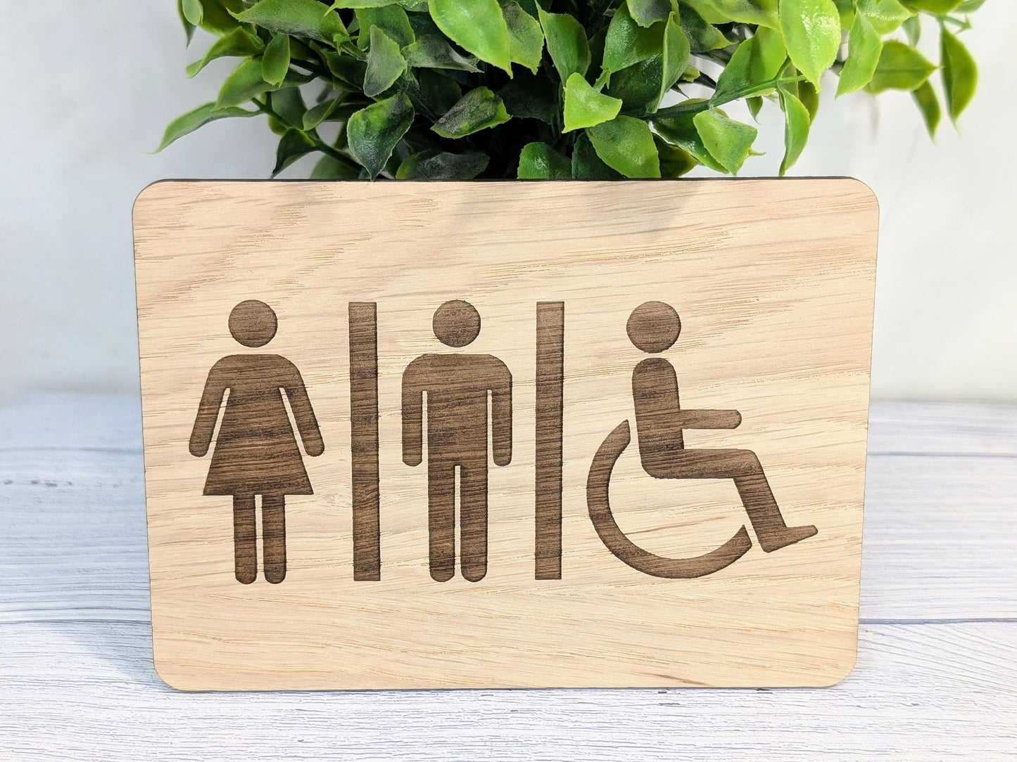 Wooden Toilet Sign Male Female Accessible | Engraved Oak | Bathroom Door Plaque in 4 Sizes | Oak Veneered Restroom Sign for Home or Business