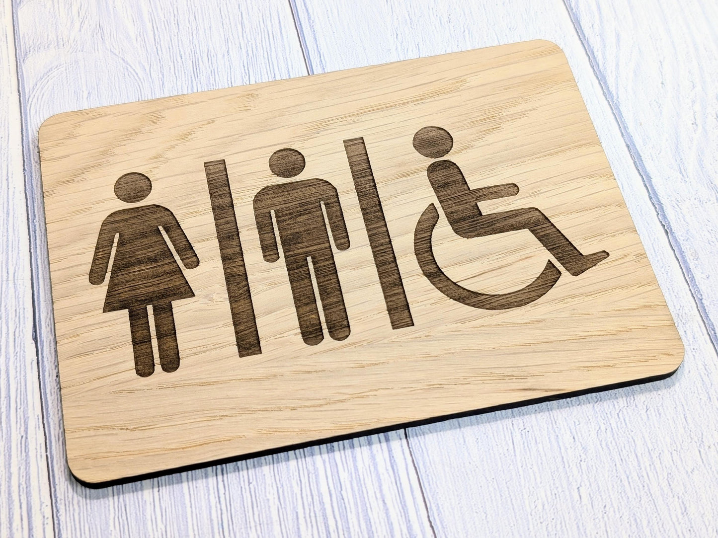 Wooden Toilet Sign Male Female Accessible | Engraved Oak | Bathroom Door Plaque in 4 Sizes | Oak Veneered Restroom Sign for Home or Business