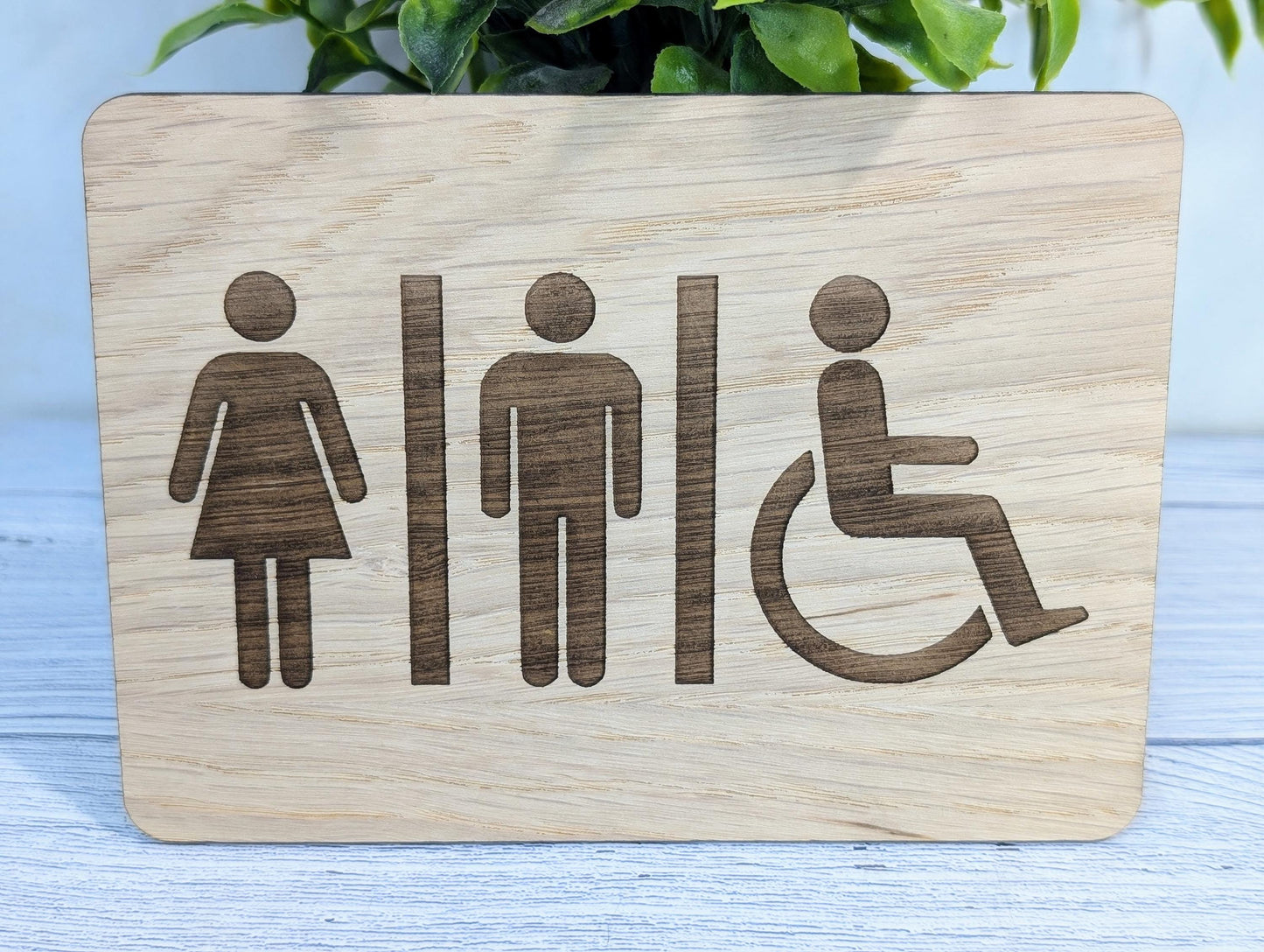 Wooden Toilet Sign Male Female Accessible | Engraved Oak | Bathroom Door Plaque in 4 Sizes | Oak Veneered Restroom Sign for Home or Business