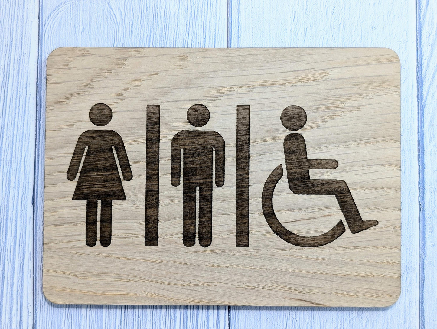 Wooden Toilet Sign Male Female Accessible | Engraved Oak | Bathroom Door Plaque in 4 Sizes | Oak Veneered Restroom Sign for Home or Business