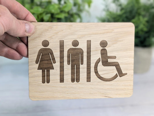 Wooden Toilet Sign Male Female Accessible | Engraved Oak | Bathroom Door Plaque in 4 Sizes | Oak Veneered Restroom Sign for Home or Business